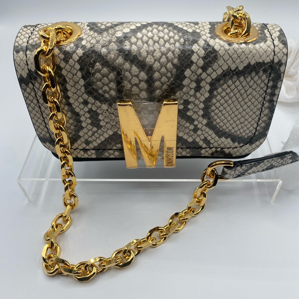 Moshino Snakeskin Print M-Logo Crossbody Bag Black New W/ Dust Bag and Box